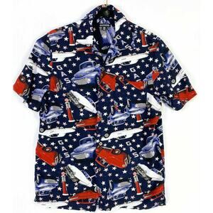 Vintage Cars Casual Shirt Men's Small 34-36 Red White & Blue Short Sleeve
